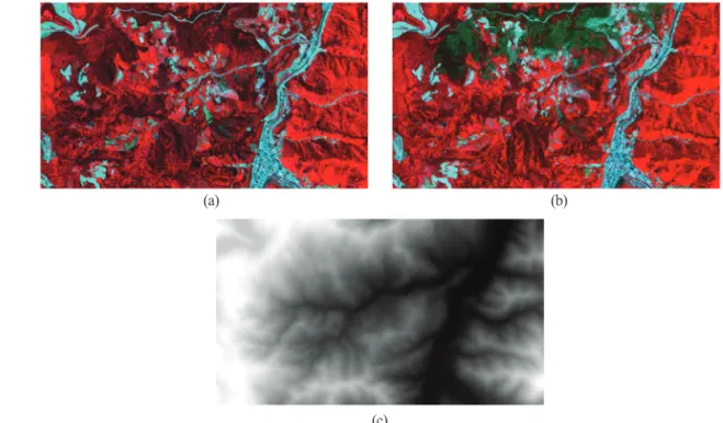 Fig. 1.  (a) false color composite of KOMPSAT-3 image acquired in May 2016, (b) false color composite of KOMPSAT-3 image acquired in May 2017 and (c) SRTM data.
