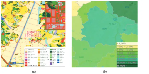 Fig. 1.  Examples of EGIS. (a) high-level land cover map and (b) thematic environmental map with a Green area ratio.