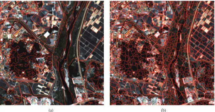 Fig. 4.  (a) land cover map overlaid with PlanetScope data and (b) segmented objects overlaid with PlanetScope data.