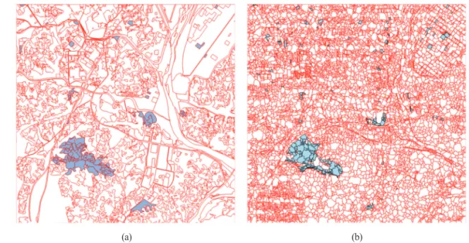 Fig. 9.  (a) change detection result by zonal statistics based on land cover map and (b) change detection result by zonal statistics based on segmented objects.