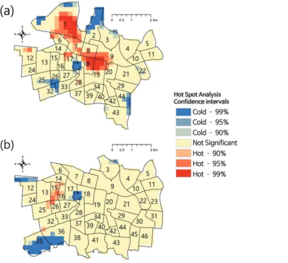 Fig. 13.  LST 250m pixel-based hot spot analysis results for (a) daytime and (b) nighttime for 90%