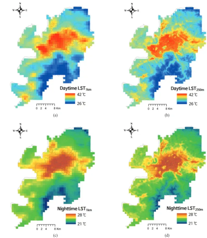 Fig. 6.  Daytime and nighttime mean surface temperature distribution of Daegu metropolitan city study period