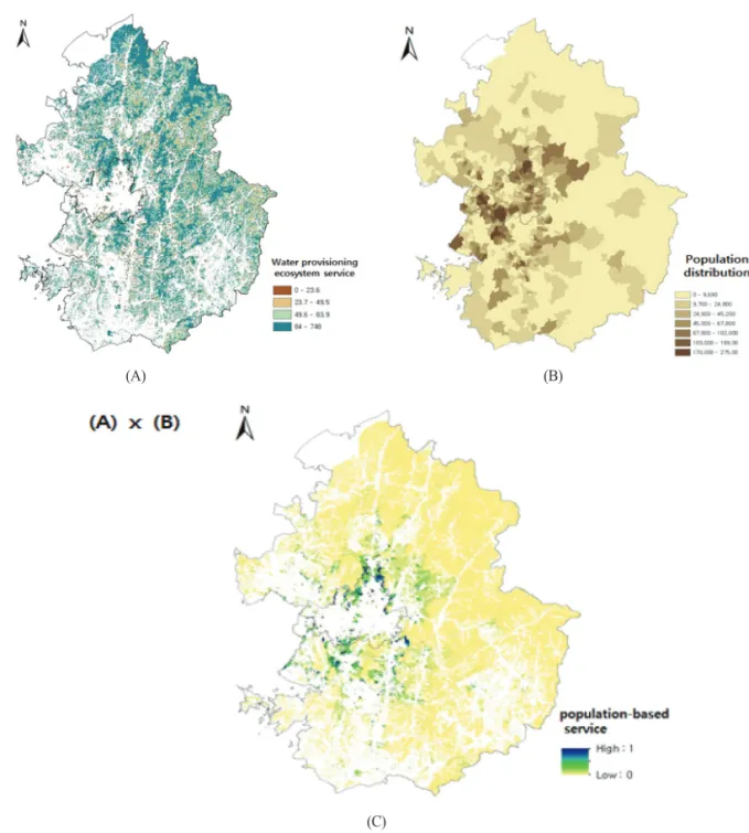 Fig. 6.  Population-based water provisioning ecosystem service assessment. (A) Water provisioning ecosystem service based on water storage function of forest, (B) Population distribution by Eup-Myeon-Dong using Census data, (C) Water provisioning ecosystem