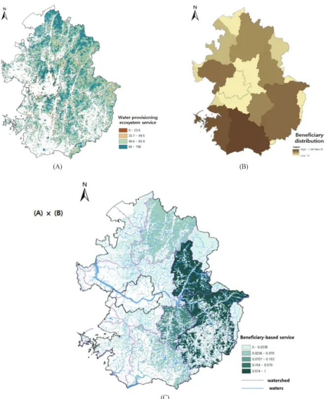 Fig. 7.  Beneficiary-based water provisioning ecosystem service assessment. (A) Water provisioning ecosystem service based on water storage function of forest, (B) Virtual beneficiary distribution for water use based on census data, (C) Water provisioning 