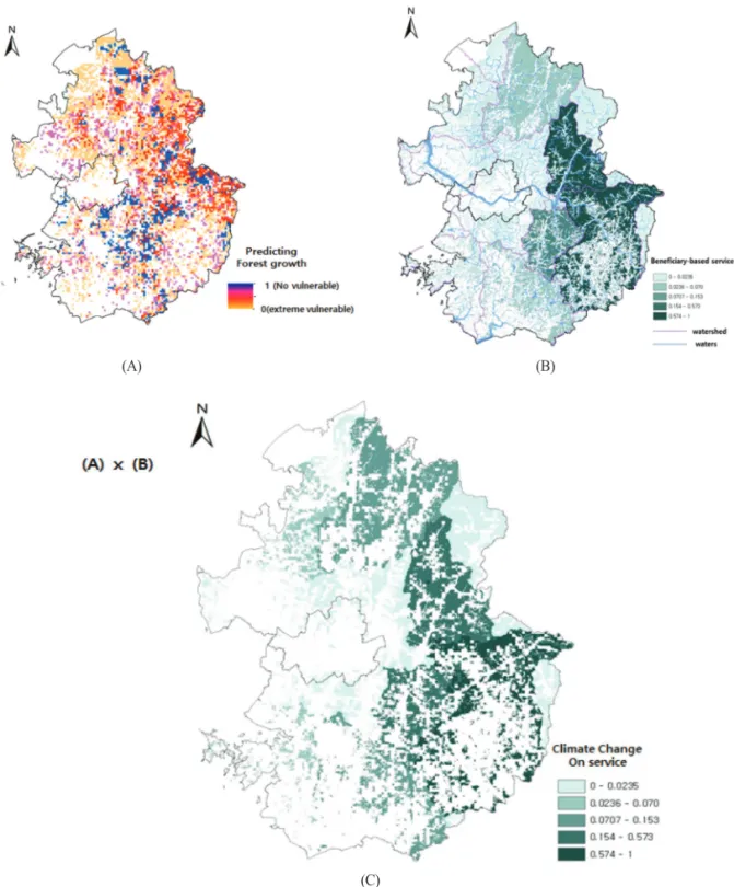 Fig. 8.  Climate change impact on water provisioning ecosystem service. (A) Vulnerability of forest growth under climate change using RCP 8.5 scenario, (B) Water provisioning ecosystem service based on water storage function of forest and beneficiary distr