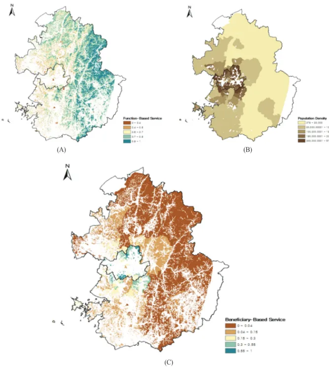 Fig. 11.  Beneficiary-based climate mitigation ecosystem service. (A) Climate mitigation ecosystem service based on temperature reducing function of forest, (B) Beneficiary distribution by Eup-Myeon-Dong for climate mitigation based on census data, (C) Cli