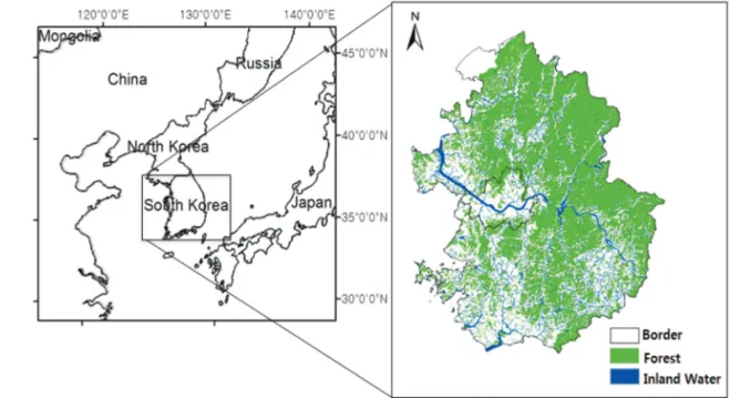 Fig. 1.  Study area: Seoul and Gyeonggi-do with forest distribution.