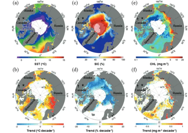 Fig. 2.  1998-2016 mean distributions of (a) sea surface temperature (SST), (c) sea ice concentration (SIC) and (e) chlorophyll-a concentration (CHL) in summer and linear trends in decade for (b) SST, (d) SIC and (f) CHL.