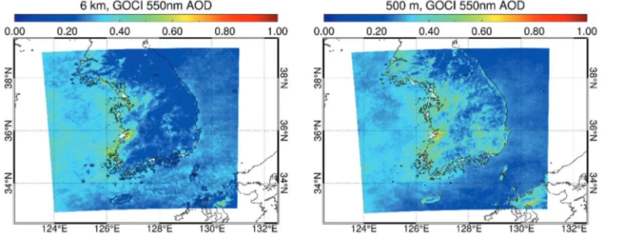 Fig. 7.  Spatial distribution of average GOCI AOD during KORUS-AQ campaign for 6 km and 500 m spatial resolution.