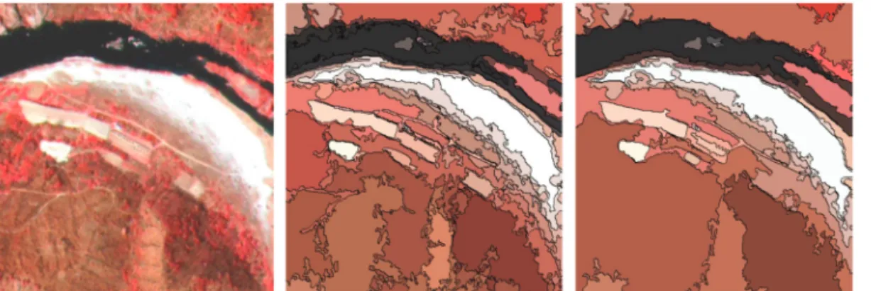 Fig. 18.  PAN-sharpened image (left), segmented image without restoration (middle), and with restoration (right) of Chungcheongnam-do KOMPSAT-3