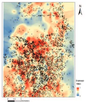 Fig. 10.  Damage prediction map and damaged trees location data (2012).