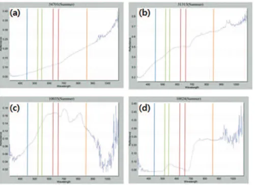 Figure 6.  Spectral reflectance characteristics of objects for detection of floating debris, (a) plants litter, (b) polystyrene foam, (c) water, (d) aquatic plants.