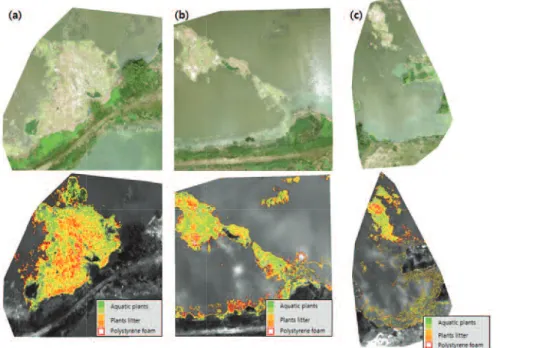 Figure 9.  Image detection results for accumulation zone of floating debris upper RGB image and lower detection image, (a) Site