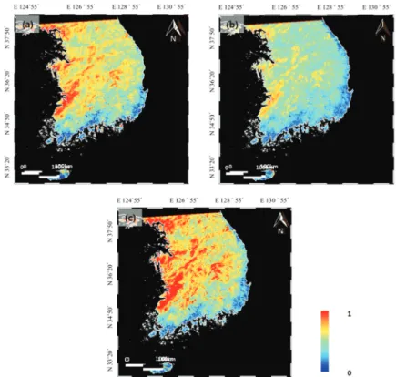 Fig. 5.  Maps of snow cover fraction (SCF) generated using (a) linear, (b) quadratic, and (c) exponential equations.
