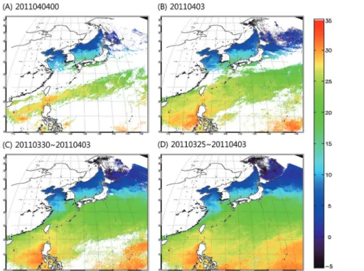 Fig. 3.  The average COMS sea surface temperature for (A) real time, (B) one day, (C) five days and (D) ten days