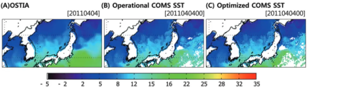 Fig. 7.  Difference of COMS SST and OSTIA, (A) and (B) are show results of COMS SST and optimized COMS SST in Northwest Pacific for 00UTC 4 April 2011, respectively