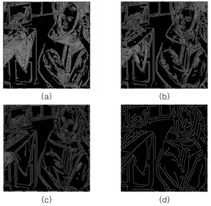 Fig.  6.  Canny  application  by  Sub-band  image  :  (a)∆  ,  (b)∆  ,  (c)∆  ,  (d)∆   부대역 단계가  진행될수록  영상의  흐림(blurring) 현상이  강 하게 나타나며, Fig