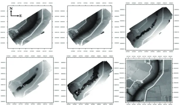 Fig. 5.  From top and left, first DEM(14:20), second DEM(15:50), third DEM(16:30), forth DEM(17:10), fifth DEM(17:50) and LiDAR DEM.