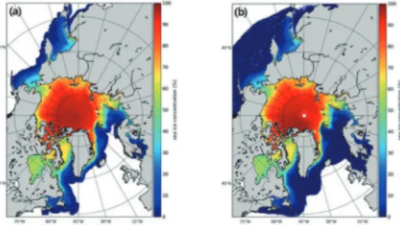 Fig. 2는 북극 전역의 OSI SAF와 NT의 평균 해빙 농Fig. 1.  Map of sea ice concentration(1980-2010) from (a) OSI