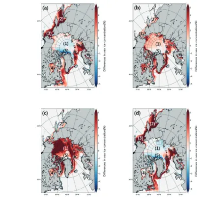 Fig. 5.  Sea ice concentration differences according to each season(OSI SAF-NT). (a) spring, (b) summer, (c) autumn, (d) winter, (1) Arctic Ocean, (2) Okhotsk Sea, (3) Bering Sea, (4) Hudson Bay and (5) Lincoln Sea.
