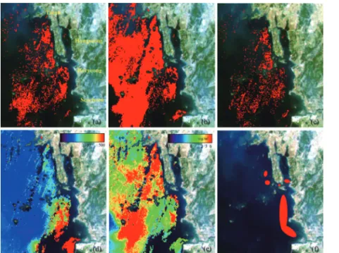 Fig. 7.  The result of detection by red tide algorithm for C. polykrikoides (a) SS (b) FRTD (c) MRI and (d) RI (e) chlorophyll concentration using GOCI image on Sep