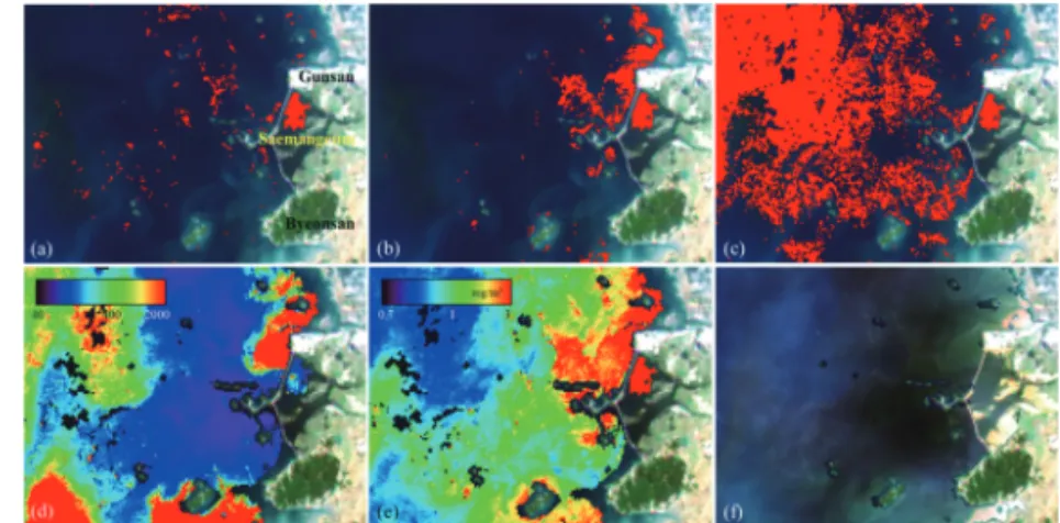 Fig. 10.  The result of detection by red tide algorithm for P. dentatum (a) SS (b) FRTD (c) MRI and (d) RI (e) chlorophyll concentration using GOCI image on Jul