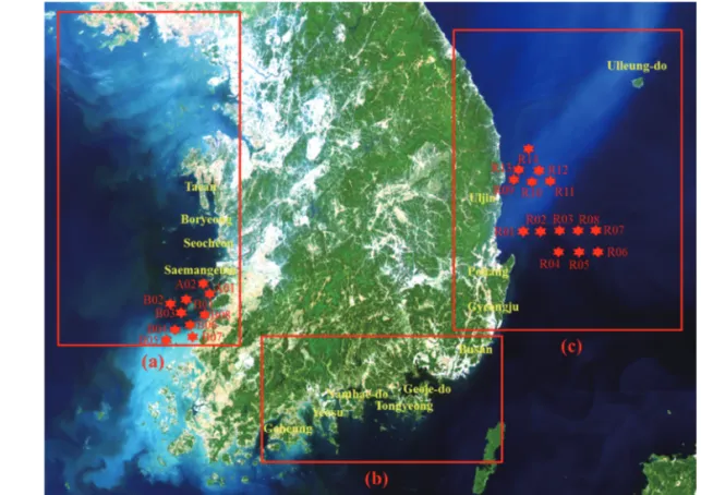 Fig. 1.  The study area using GOCI L1B true-color composite image in (a) the West Sea, (b) the South Sea, (c) the East Sea.