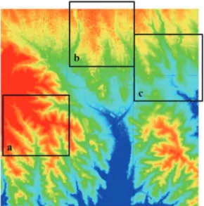 Fig. 16.  Coverage of three comparison terrain by overlapping LiDAR DSM. (a) Mountainous area, (b) urban area and (c) flat area.