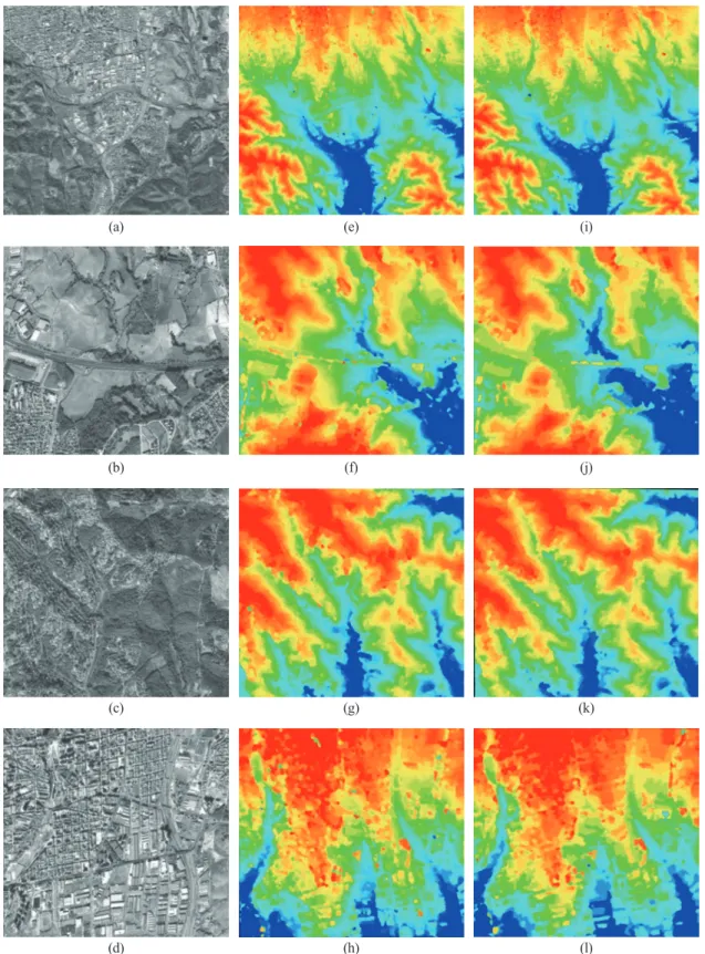 Fig. 17.  Visual analysis spatial image (Scene-1 of KOMPSAT-3A) and generated DSMs from KOMPSAT-3A (e-h) and KOMPSAT-3 (i-l) with 2 m grid spacing in case of whole coverage (a, e, i), flat (b, f, j), mountainous (c, g, k) and urban area (d, h, l), respecti