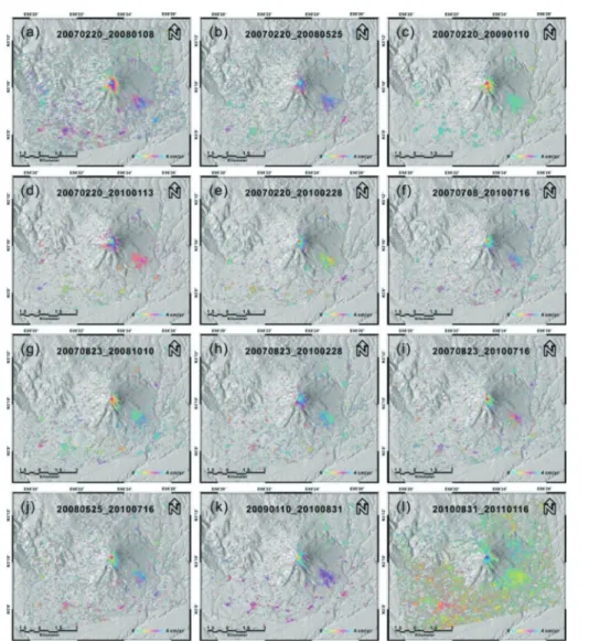Fig. 3.  Thirty-nine high-coherence interferograms according to perpendicular baseline using 20 SAR images.