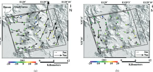 Fig. 4.  Residual error vector at the check points in the study area. The color of solid diamonds denotes size of height error, respectively.