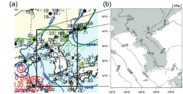 Fig. 2. (a) Observed and (b) LDAPS-simulated mean sea level pressure fields at 09 LST 3 August 2012.