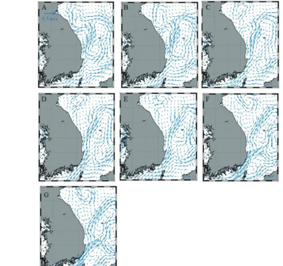 Fig. 5. AVISO geostrophic current vectors on 29 June (A), 9 July (B), 16 July (C), 24 July (D), 29 July (E), 11 August (F), and 15 August (G) 2013.