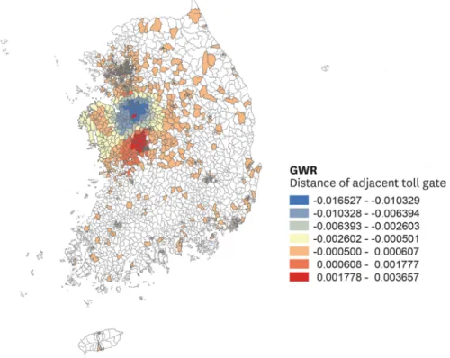 Figure 2. Color-coded local GWR coefficients for the distance from the center of the region to the adjacent toll  gate