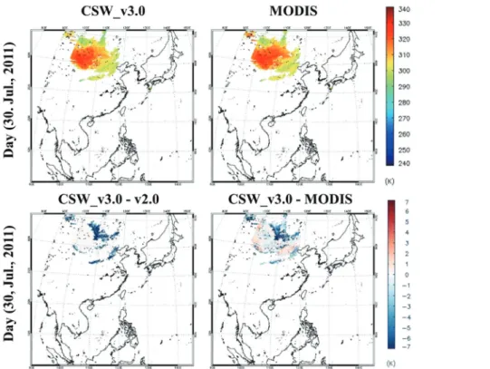 Fig. 9.  Spatial distribution of CSW_v3.0 LST and MODIS LST data and their differences for selected day.(daytime, 30, Jul., 2011)
