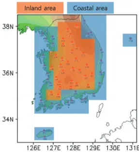 Fig. 2.  Spatial distribution of 58 ASOS stations used in this study. The orange and blue colors indicate the inland area and coastal area, respectively.