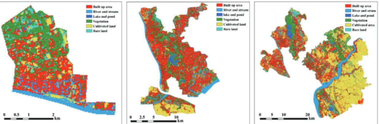 Fig. 5 was shown the spatial distribution of LULC pattern and Table 6 was displayed the related area percentage of LULC classes in downtown, suburban 1 and suburban