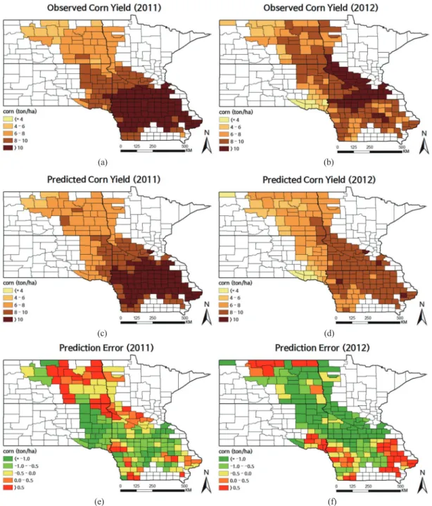 Fig. 4.  Spatial distributions of corn yield: (a) observed yield in 2011 and (b) in 2012; (c) predicted yield in 2011 and (d) in 2012;