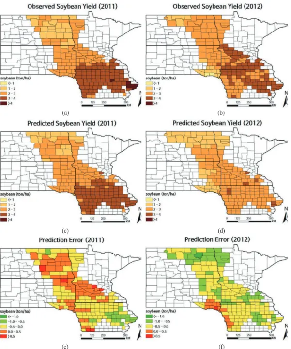 Fig. 5.  Spatial distributions of soybean yield: (a) observed yield in 2011 and (b) in 2012; (c) predicted yield in 2011 and (d) in 2012;