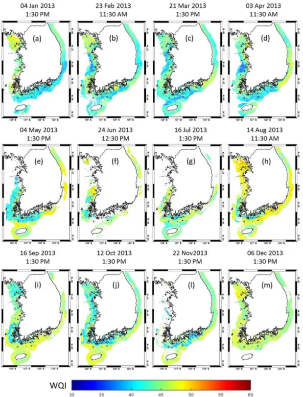 Fig. 8.  Spatial distribution of the WQI valued predicted by RF model using GOCI band reflectance for the selected date/time of each month in 2013.