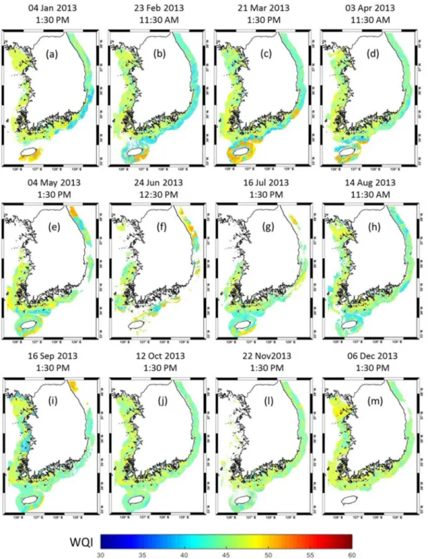 Fig. 9.  Spatial distribution of the WQI values predicted by RF model using GOCI products(CDOM, chla, and SS) for the selected date/time of each month in 2013.
