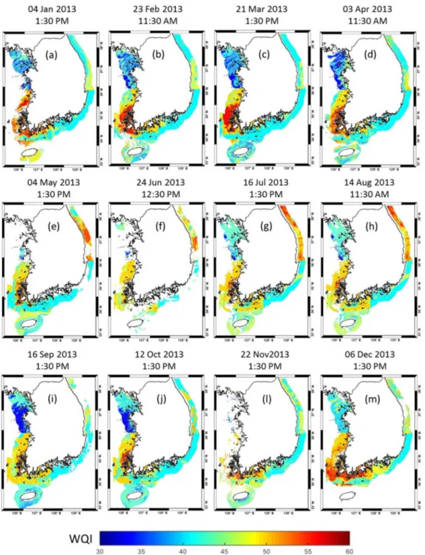 Fig. 5.  Spatial distribution of the WQI calculated using the parameters predicted by RF model for the selected date/time of each month in 2013.