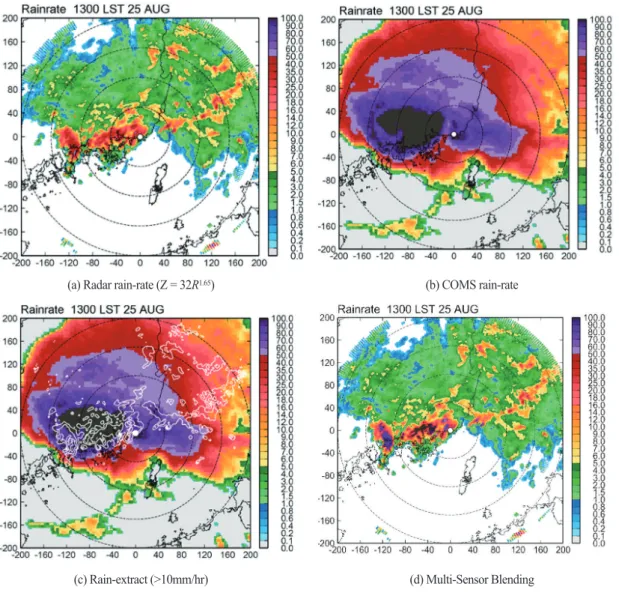 Fig. 7.  Multi-sensor blending rain-rate estimation using radar and COMS, and their calculation process over the Gyeongnam and Busan region.