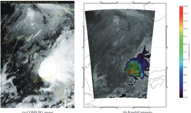 Fig. 4.  Comparison of spatial distribution by COMS image. (a) Shows COMS IR1 image data and (b) shows rainfall intensity estimation using algorithm during extreme rainfall occur in Busan (Park, 2015).
