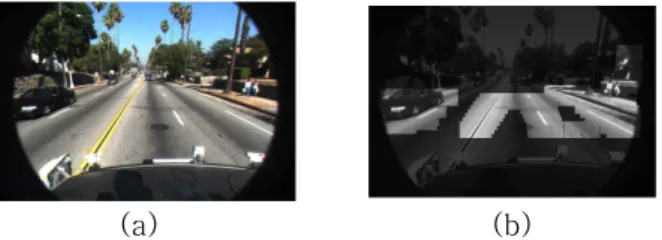 Fig.  1.  Lane  detection  results  using  Haar-like  feature  based  detector  (a)  input  image,  (b)  result  image.