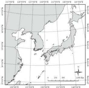 Fig. 1.  Geographical  coverage  of  the  Geostationary  Ocean Color Imager (GOCI) target area, which covers an area of about 2,500 × 2,500 km 2 in northeast Asia including all of the Korean peninsula, Japan and part of China, Mongolia, and Russia.