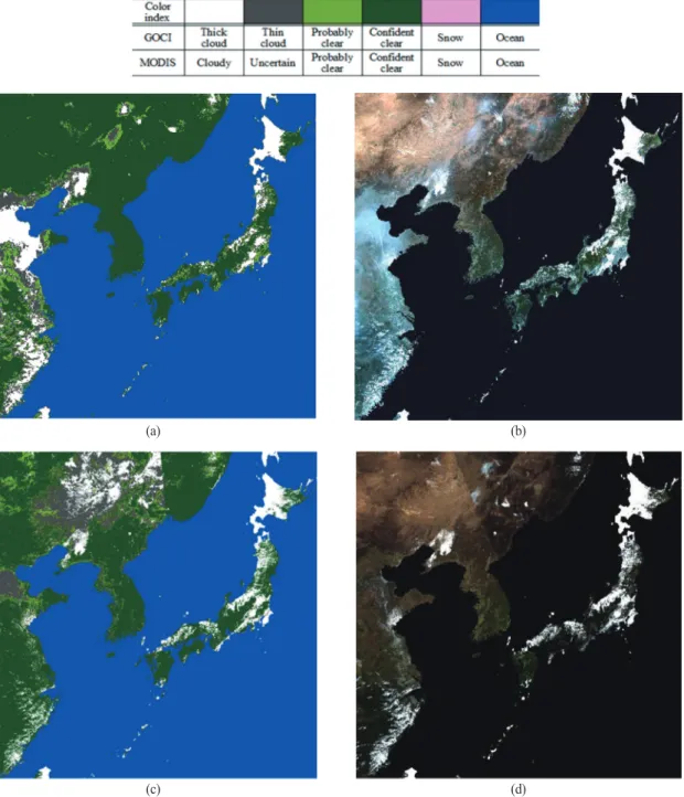 Fig. 6.  Comparison of GOCI cloud detection results and Aqua MODIS cloud mask products obtained about 14:00 in October 18, 2011.