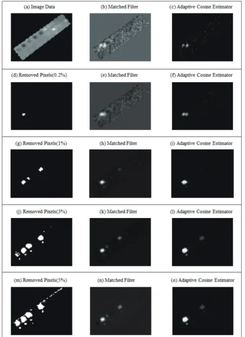 Fig. 3.  Results of detecting artificial grass target using matched filter and adaptive cosine estimator with the exclusion of candidate target pixels(0.2%, 1%, 3%, 5%).