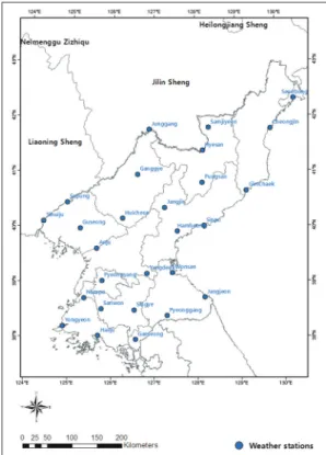 Fig. 1.  Locations of 27 weather stations in DPRK.