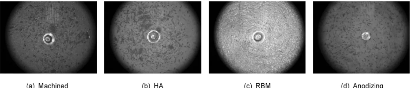 Figure 6. Photographs of attached cells to Machined(a), Hydroxy apatite coating(b), Resorbable Blast Media blasting(c),  and Anodizing(d) titanium surface at 4day